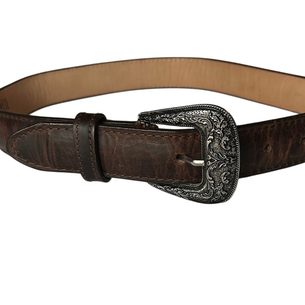 Texas Country Brown Leather Western Belt with Etched Silver Buckle Size 26